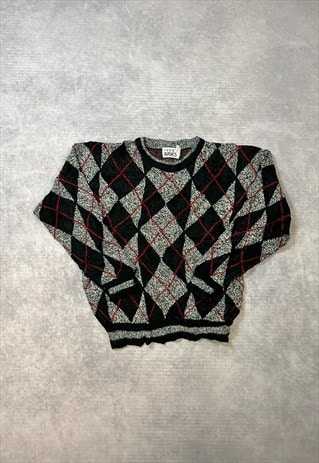 VINTAGE ABSTRACT KNITTED JUMPER ARGYLE PATTERNED SWEATER