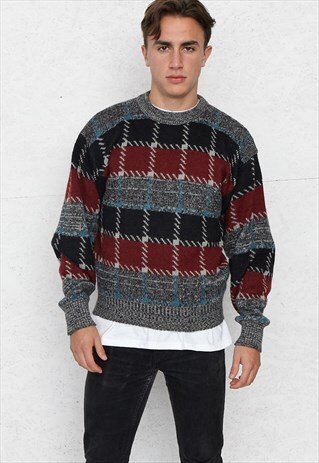 VINTAGE GREY RED MEMBERS ONLY ROUND NECK KNIT JUMPER