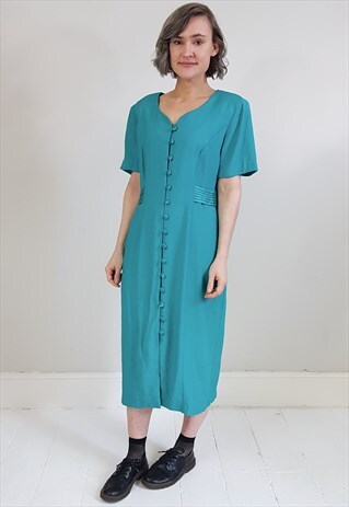 VINTAGE 80'S TURQUIOSE GREEN BUTTON DOWN DRESS