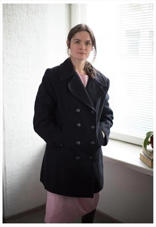 VINTAGE 80'S BLACK WOOL DOUBLE BREASTED COAT