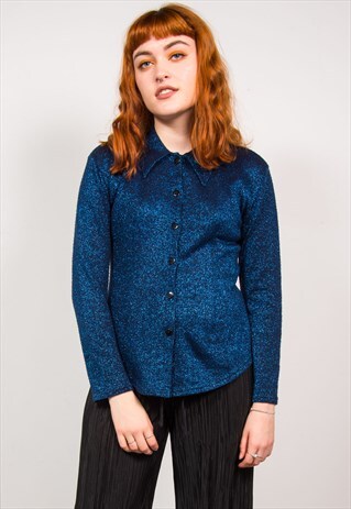VINTAGE 90'S DARK BLUE METALIC GLITTERY KNIT BLOUSE SHIRT