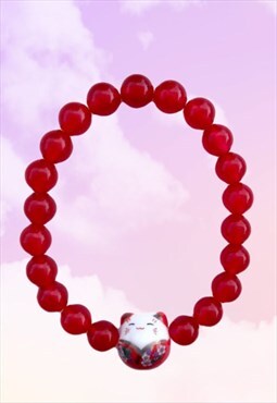 Red Lucky Cat - Red Chalcedony Beaded Gemstone Gift Bracelet