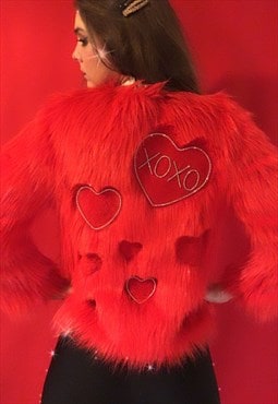 Embellished Red Faux Fur Love Hearts Jacket XOXO Festival