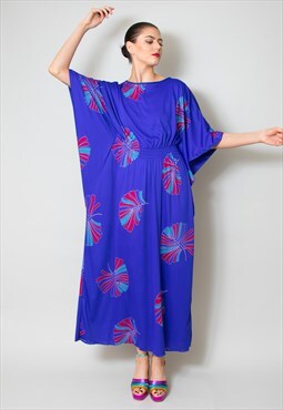 70's Vintage Ladies Kimono Kaftan Blue Maxi Dress