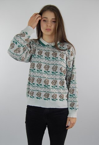 RARE VINTAGE ROSE PRINT PATTERN KNITTED JUMPER WITH COLLAR