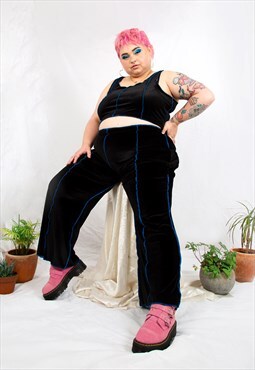 Deadstock Stretch Velvet Flares in black with blue stitching