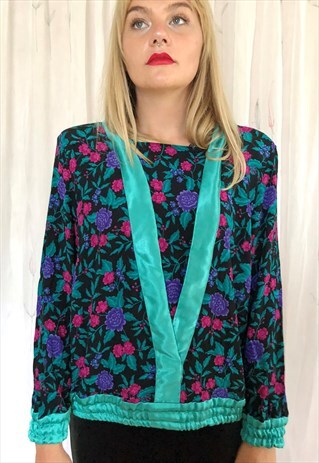 BLACK GREEN FLORAL LONG SLEEVE BLOUSE