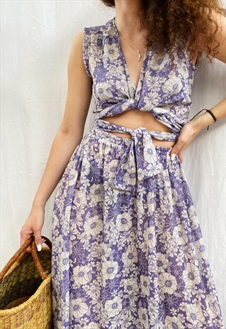 VINTAGE 70S PARISIAN BOHO FLORAL MILKMAID CO-ORD TWO PIECE