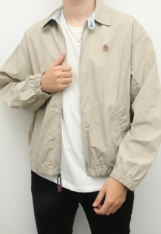 TOMMY HILFIGER - BEIGE EMBROIDERED HARRINGTON JACKET - LARGE