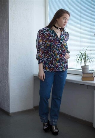 VINTAGE 70'S MULTICOLOUR FLOWER PRINT BLOUSE