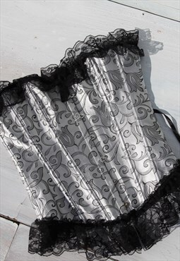 Vintage silver/black brocade jacquard ruffled lace corset 