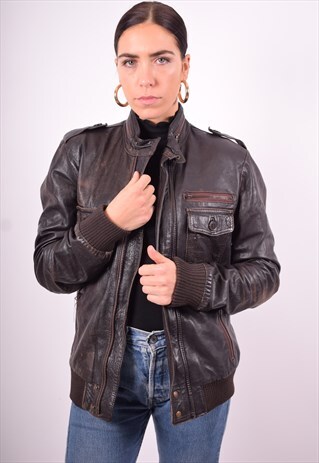 WOMENS VINTAGE LEATHER JACKET MEDIUM BROWN 90'S