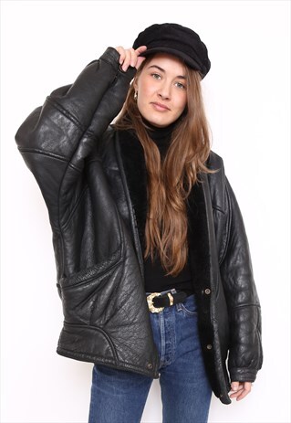 VINTAGE 80S BLACK LEATHER SHEEPSKIN AVIATOR COAT