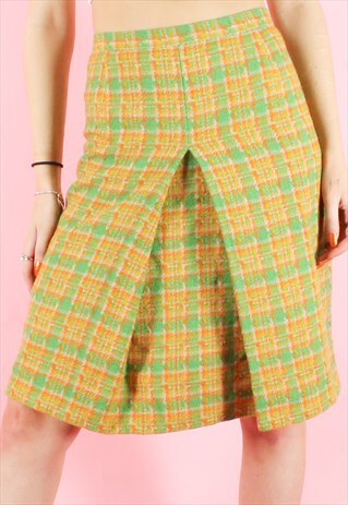VINTAGE 90S SKIRT TARTAN LIME GREEN CHECK PLEATED MIDI