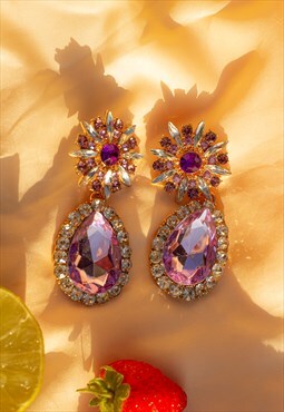 Oversized Flower Jewel Dangle Earrings in Purple