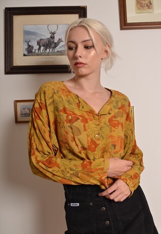 VINTAGE 80S BUTTON TOP IN ABSTRACT FLORAL PRINT