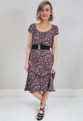 VINTAGE 90'S DARK PINK FLORAL CAP SLEEVE FRILL DRESS