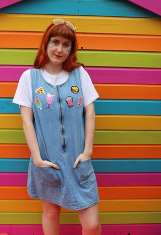 VINTAGE REWORKED 90S DENIM PINAFORE DRESS FOOD SEQUIN BADGES