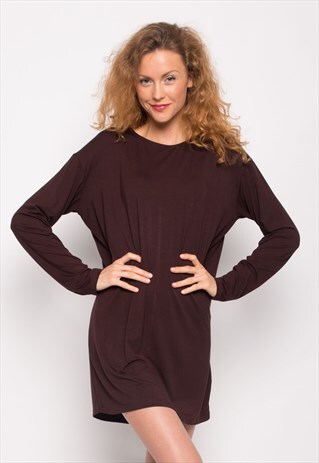 PLAIN COLOR COTTON BLEND LONG T-SHIRT DRESS IN BROWN CY