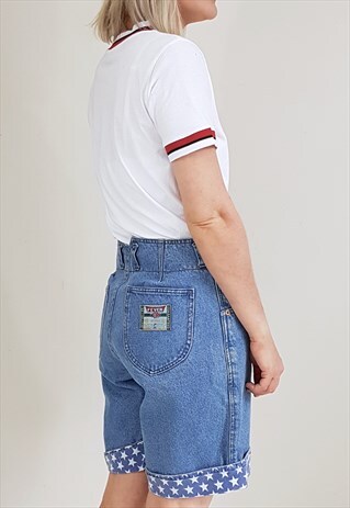 VINTAGE 90'S BLUE COMIC PRINT STARS DENIM HIGH WAIST SHORTS