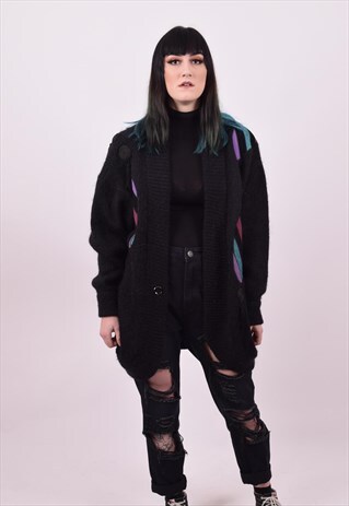 VINTAGE 80'S BLACK OVERSIZED GRUNGE MOHAIR CARDIGAN LARGE