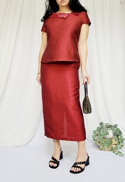 90s vintage burgundy shimmer top & skirt co-ordinates set