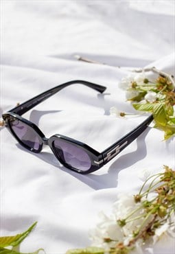Black Narrow Hexagon Sunglasses with Metal Detail