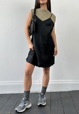 Vintage Slip Dress 90s Mini Black Satin Italian Sleeveless S