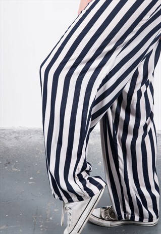 VINTAGE 1990S BLUE AND WHITE STRIPED HIGH-WAISTED TROUSERS