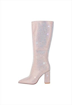 Rhinestone Pointed Toe Chunky Heel Boots