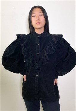 Vintage 90s corduroy black ruffled puffy sleeved shirt 