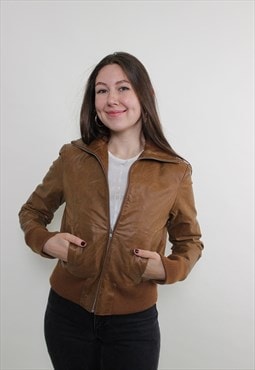 Vintage y2k leather jacket, 2000s brown crop leather bomber 