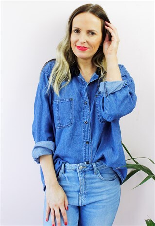 VINTAGE 80'S RETRO VELVET COLLAR DENIM SHIRT BLOUSE