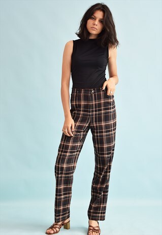 90'S RETRO TARTAN CHECKED HIGH WAIST WOOLEN TROUSERS