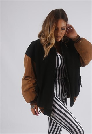 VINTAGE VARSITY SUEDE BOMBER JACKET OVERSIZED UK 16 (72M)