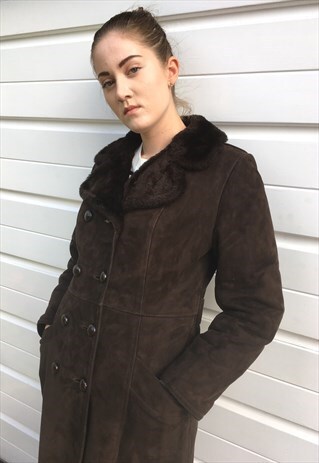 WOMENS VINTAGE DARK BROWN SHEEPSKIN LONG COAT AVIATOR STYLE
