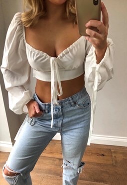 Puff Long Sleeved Tie Lace Up Crop Top
