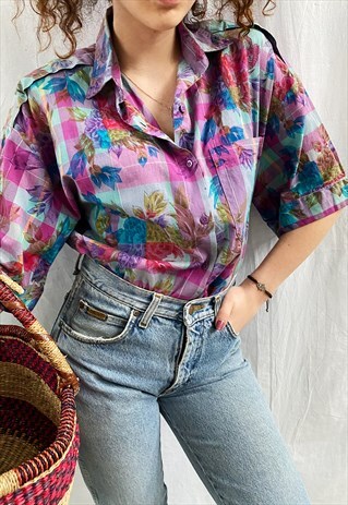 VINTAGE 80S GINGHAM CHECK & PEONY PRINT BOHEME BLOUSE TOP