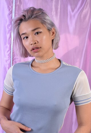 VINTAGE Y2K EMPORIO ARMANI BLUE AND CREAM MESH TEE