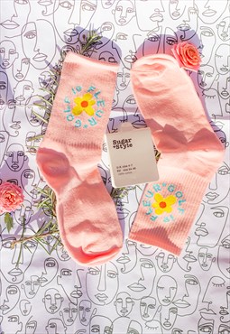 Pink Floral Circle Text Skater Style Socks