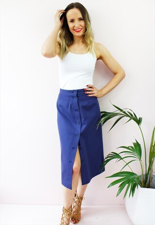 VINTAGE 80'S NAVY BLUE BUTTON DOWN PENCIL MIDI SKIRT