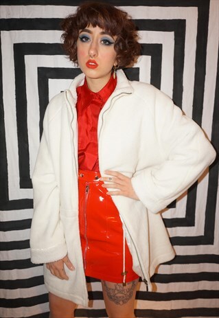 VINTAGE 80S SOFT FLUFFY WHITE SATIN LINED ZIP UP FLEECE