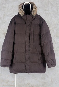 Brown Tommy Hilfiger Puffer Jacket Down Fill Faux Fur Hood 