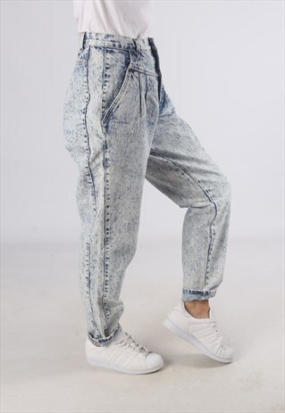 VINTAGE HIGH WAISTED DENIM JEANS ACID WASH UK 10 (G2B)