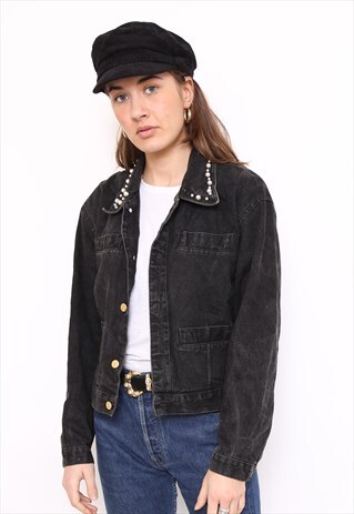 VINTAGE 90S BLACK PEARL COLLAR DENIM JACKET