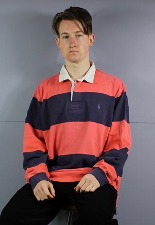 VINTAGE POLO RALPH LAUREN POLO RUGBY SHIRT IN PINK AND NAVY