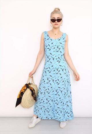 VINTAGE 90S BLUE LEAF PRINT MIDI DRESS