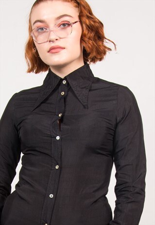 VINTAGE 70'S BLACK POINTED COLLAR SHIRT