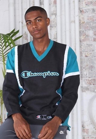 VINTAGE CHAMPION V-NECK LOGO SWEATSHIRT BLACK BLUE WHITE