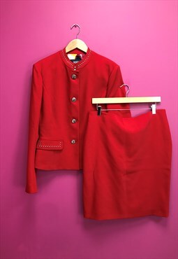 00s Versace Suit Red 2 Pcs Jacket Skirt Wool Studded